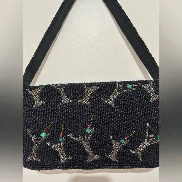 Viral Beaded Black Martini Cocktail Clutch Shoulder Bag - Picture 7 of 13
